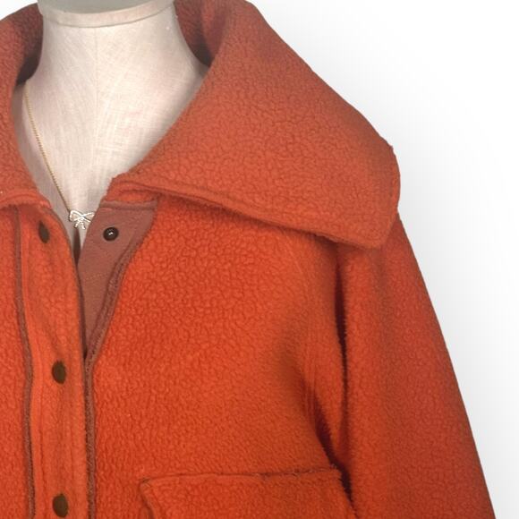 FREE PEOPLE Shasta Cardi Sherpa Bomber Jacket Snap Closure Orange Relaxed L - Picture 6 of 14